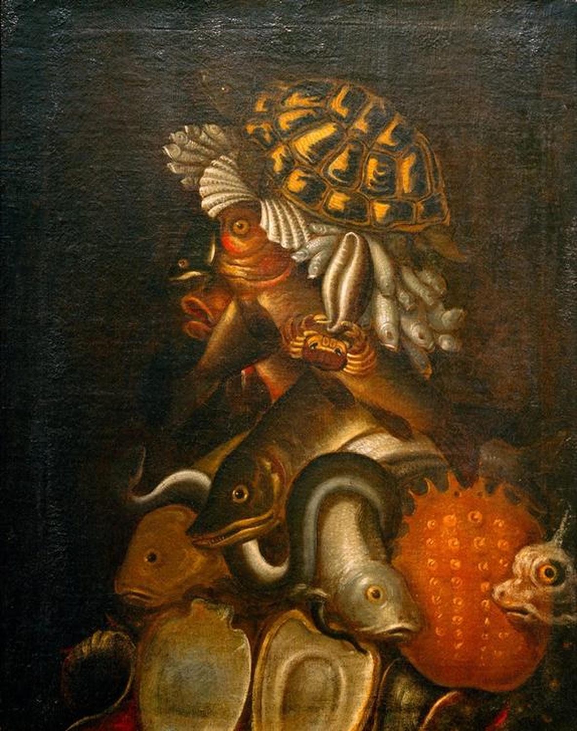 Gemälde „Allegorie des Wassers“ von Giuseppe Arcimboldo – Porträt aus Fischen, Muscheln und Schildkröte in dunkler Komposition