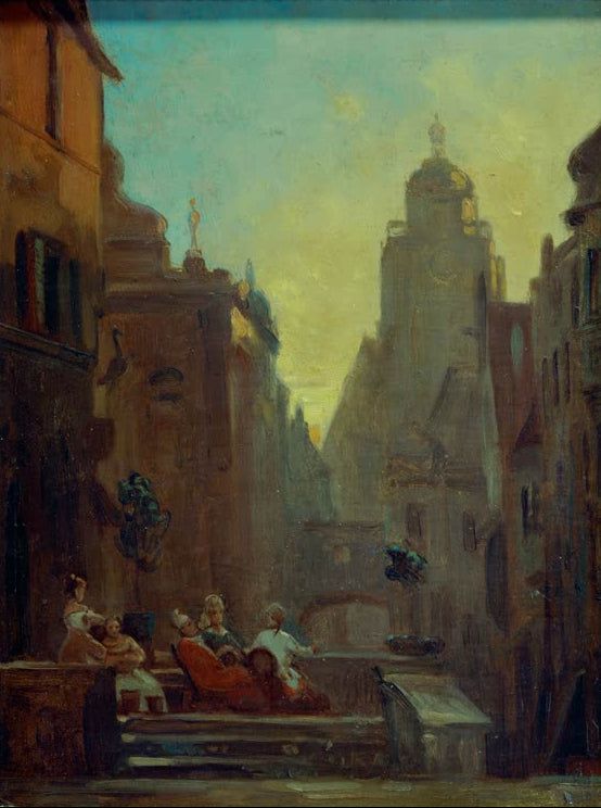 Plauderstündchen vor der Storchenapotheke | Carl Spitzweg