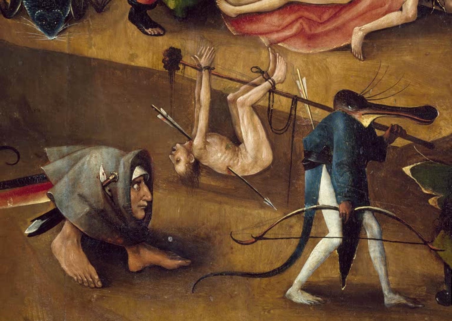 Ausschnitt aus "Das Weltgericht" von Hieronymus Bosch mit grotesken Figuren und Höllenszene.