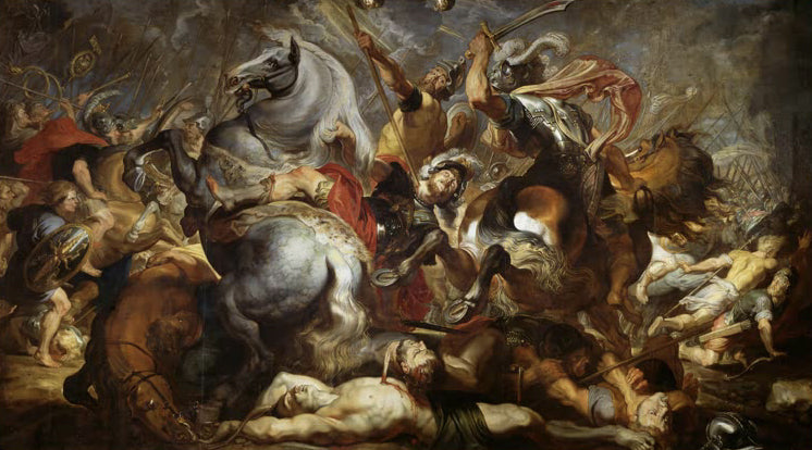"Die Schlacht. Desius Mus wird tödlich verletzt" von Peter Paul Rubens – barockes Schlachtengemälde voller Dynamik.