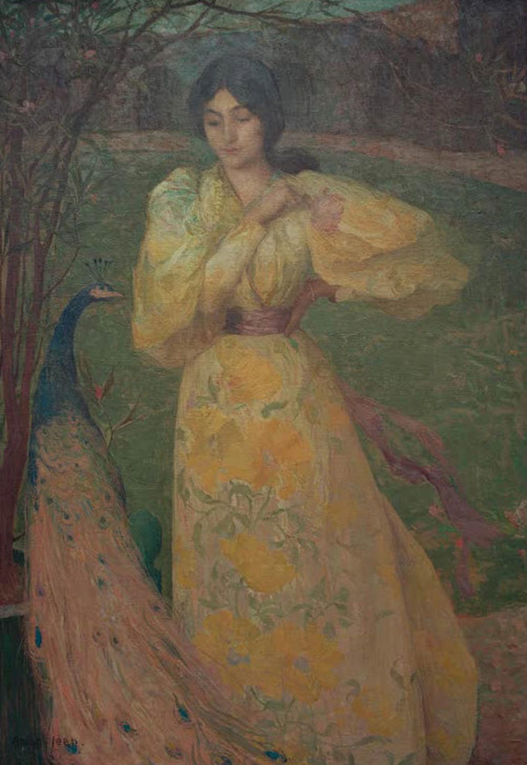 Junges Mädchen mit Pfau in ruhiger Haltung, symbolistisches Gemälde von Edmond Aman-Jean als Kunstdruck