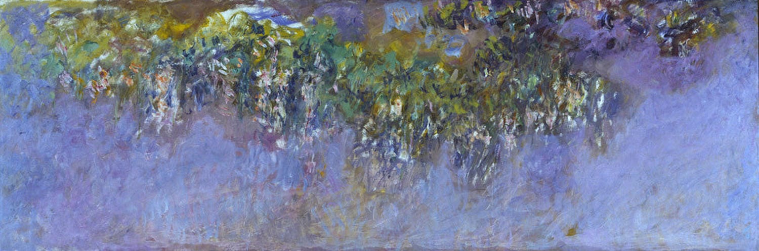 Impressionistisches Gemälde von Claude Monet mit blühenden Glyzinien in Violett- und Blautönen.