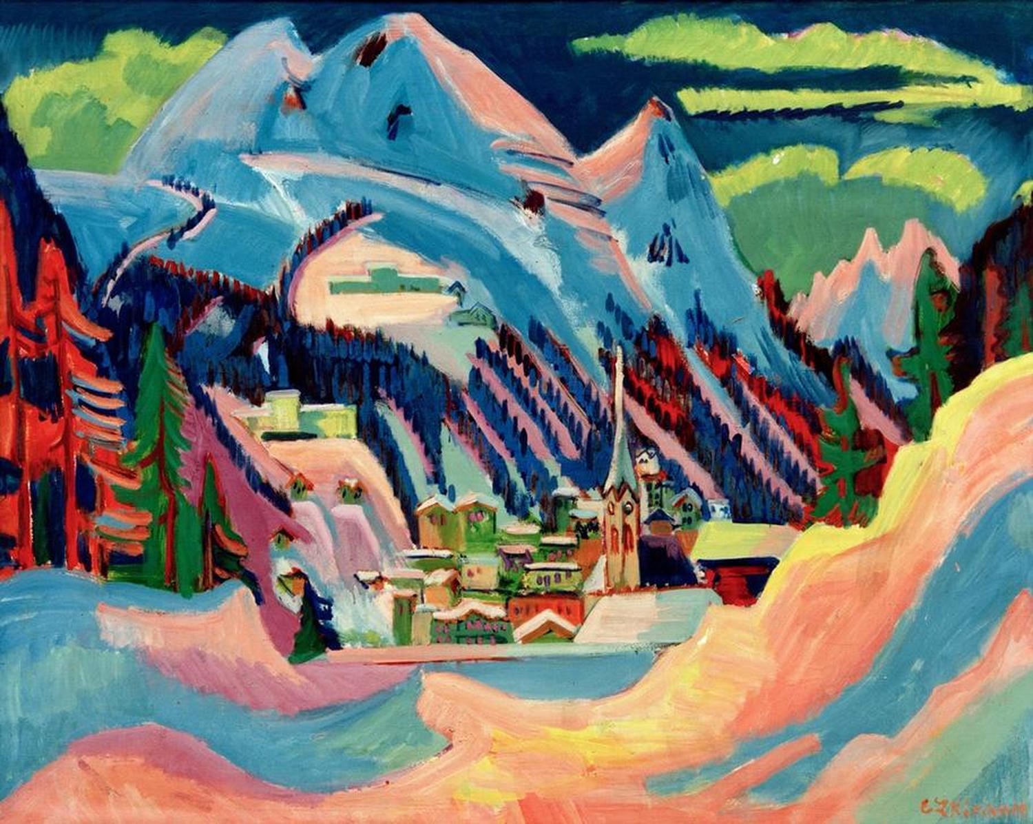 Expressionistisches Gemälde einer verschneiten Berglandschaft in Davos. Kirchners charakteristischer Stil zeigt die Winterszene in leuchtenden Blau- und Violetttönen mit dynamischen Pinselstrichen und vereinfachten Formen.