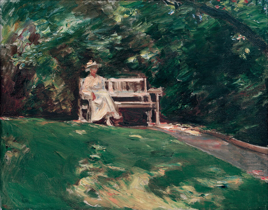Max Liebermann, Die Gartenbank (1901), impressionistisches Gemälde mit einer Frau auf einer Gartenbank im blühenden Garten am Wannsee