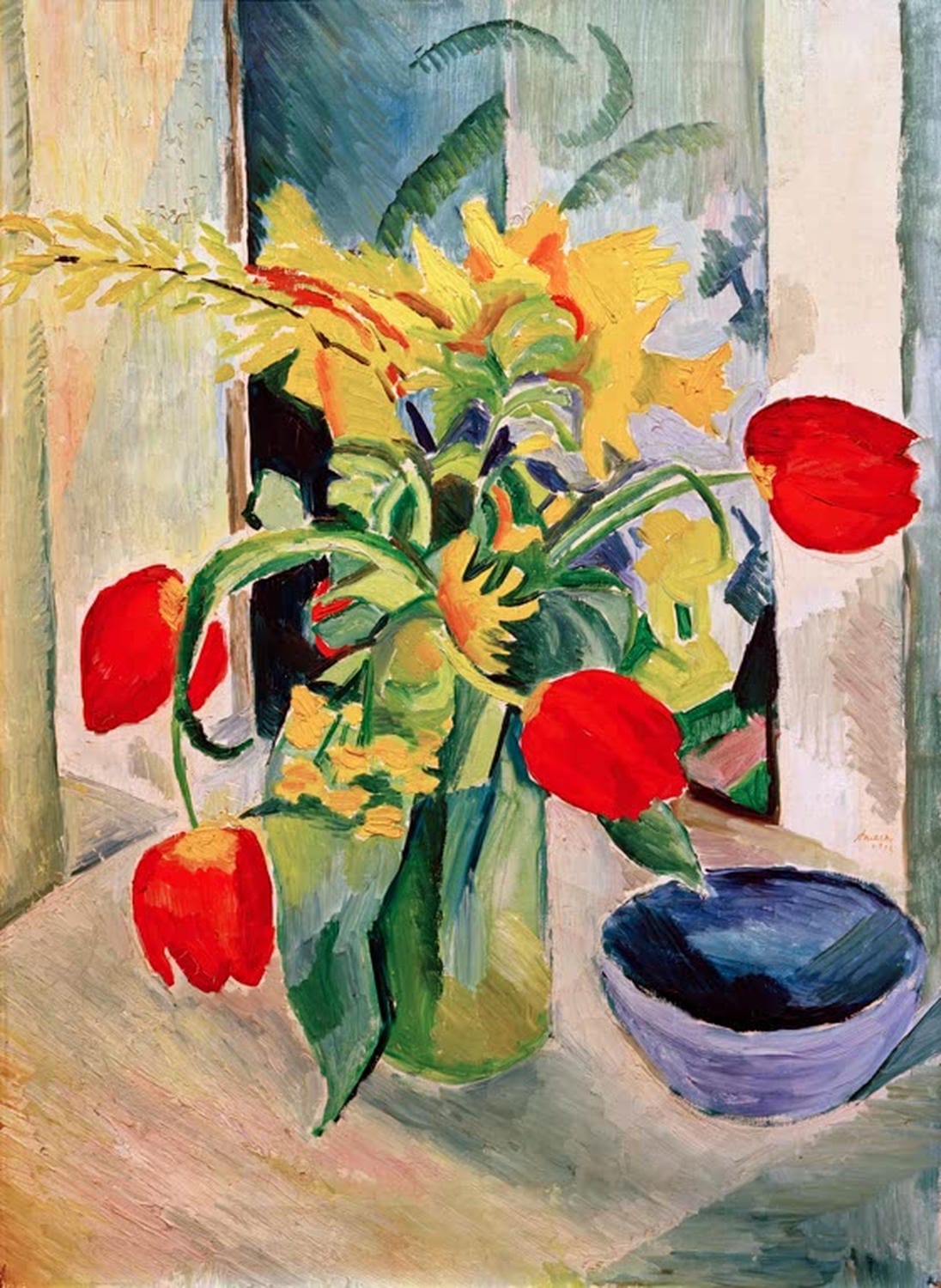 Kunstdruck "Stillleben mit Tulpen" von August Macke. Leuchtend rote Tulpen in einer Vase