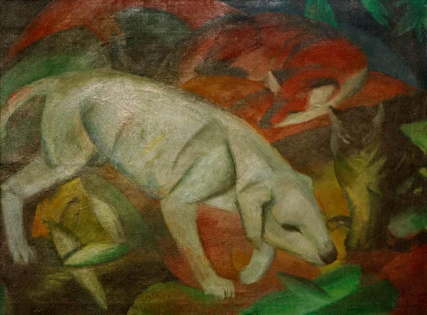 Kunstdruck „Hund, Fuchs, Katze“ von Franz Marc – farbenfrohes expressionistisches Tiertrio als hochwertiger Kunstdruck, auf Leinwand oder Poster, optional gerahmt, handgefertigt in Deutschland.