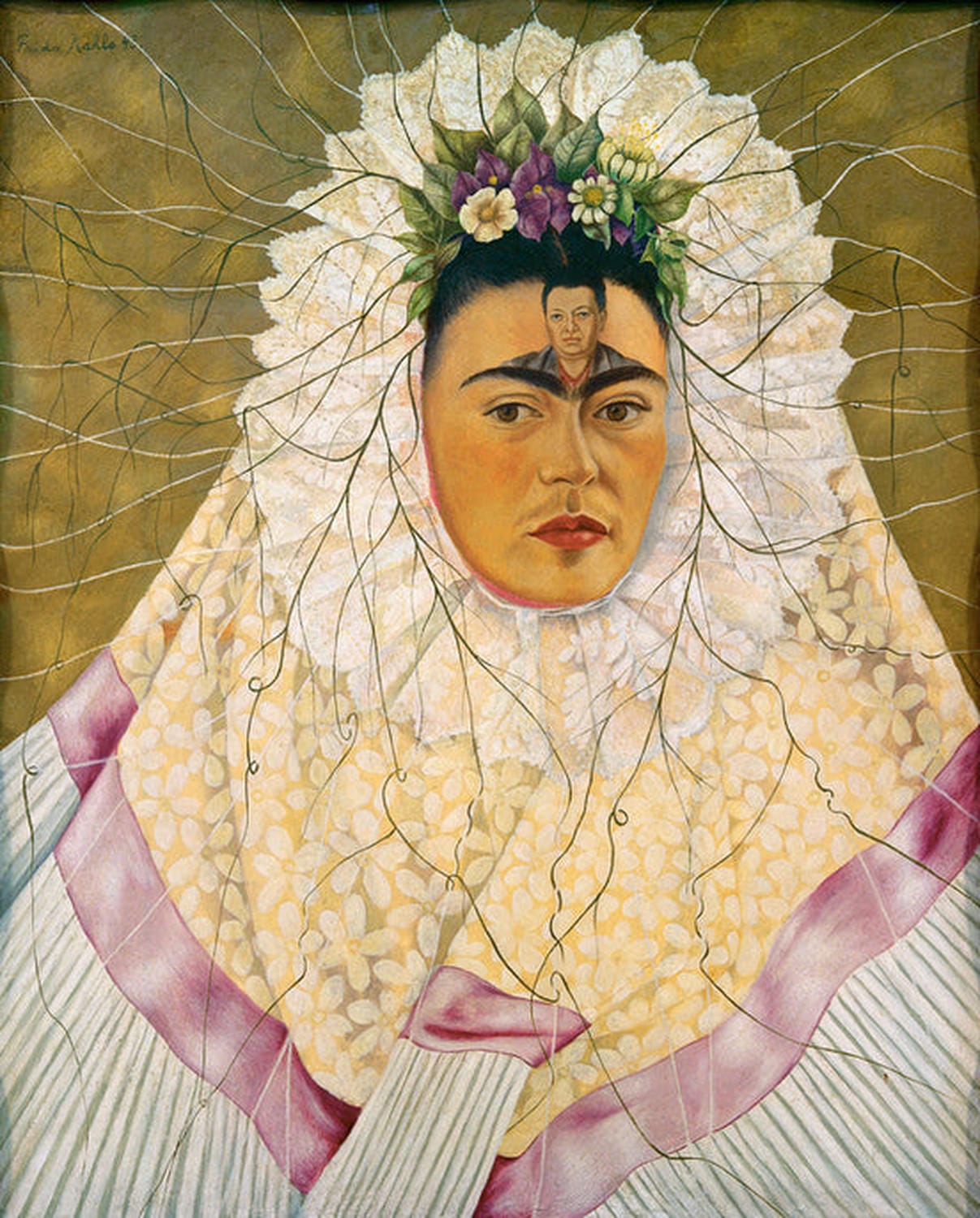 Kunstdruck von Frida Kahlos Selbstporträt als Tehuana oder Diego in meinen Gedanken, das die Künstlerin in traditioneller tehuana-Kleidung zeigt, mit einem Schmetterling auf ihrer Stirn, der ihre Verbindung zu Diego Rivera symbolisiert.