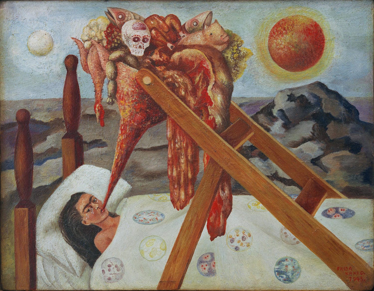 Kunstdruck von Frida Kahlos Ohne Hoffnung, das die Künstlerin bettlägerig in einer Wüstenlandschaft zeigt, beleuchtet von Sonne und Mond, die ihre Opferrolle symbolisieren.