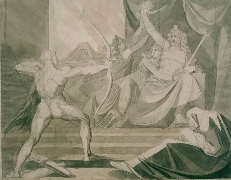 Kunstdruck des Gemäldes Herakles, auf Hades seinen Pfeil abschießend von Johann Heinrich Füssli mit dramatischer Mythologieszene und kraftvoller Komposition.