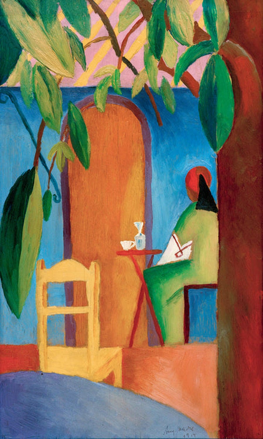 Farbenfrohe Szene in einem orientalischen Café von August Macke mit Menschen in stiller Betrachtung.