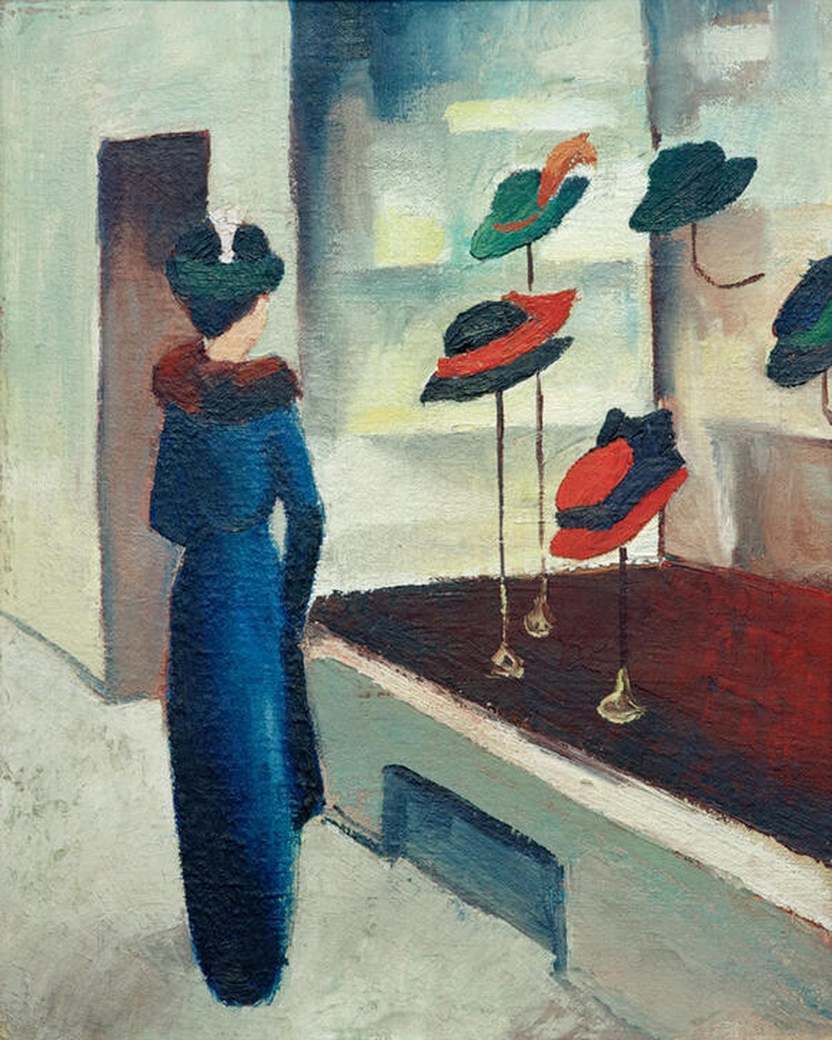 Straßenszene mit Frau vor einem Hutladen, expressionistisches Gemälde von August Macke.