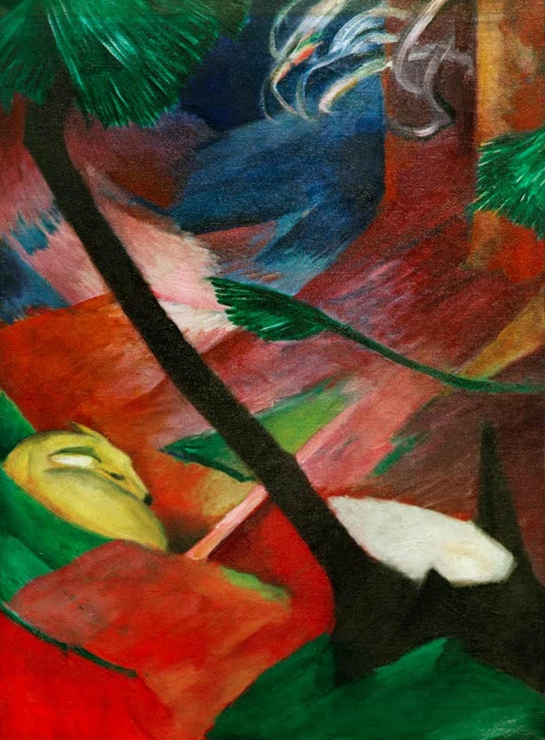 Kunstdruck „Reh im Wald II“ von Franz Marc – friedvolle Waldlandschaft mit Reh als hochwertiger Kunstdruck, auf Leinwand oder Poster, optional gerahmt, handgefertigt in Deutschland.