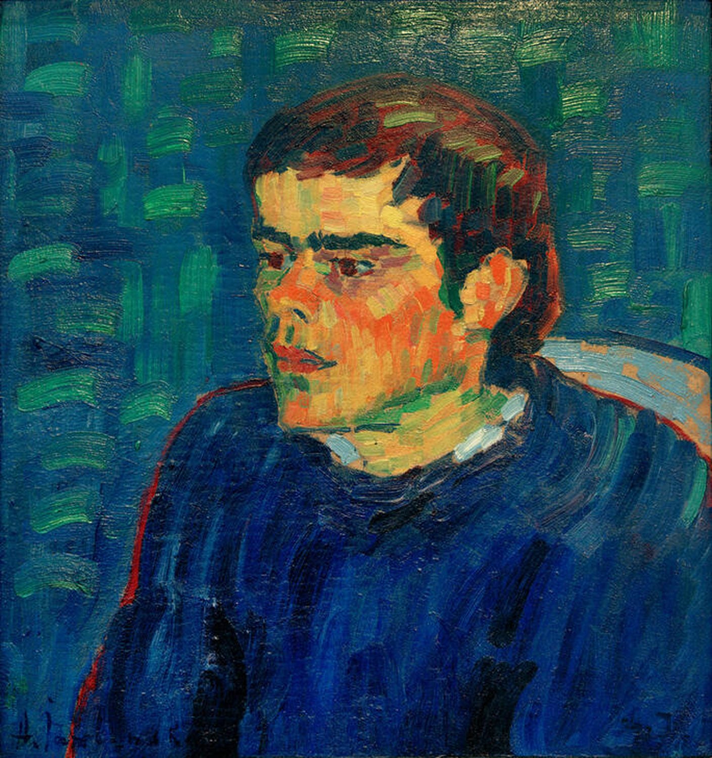 Kunstdruck von Alexej von Jawlenskys Der Bucklige. Ausdrucksstarke Darstellung eines verzerrten Gesichts, das tiefgehende Emotionen und psychologische Tiefe vermittelt.