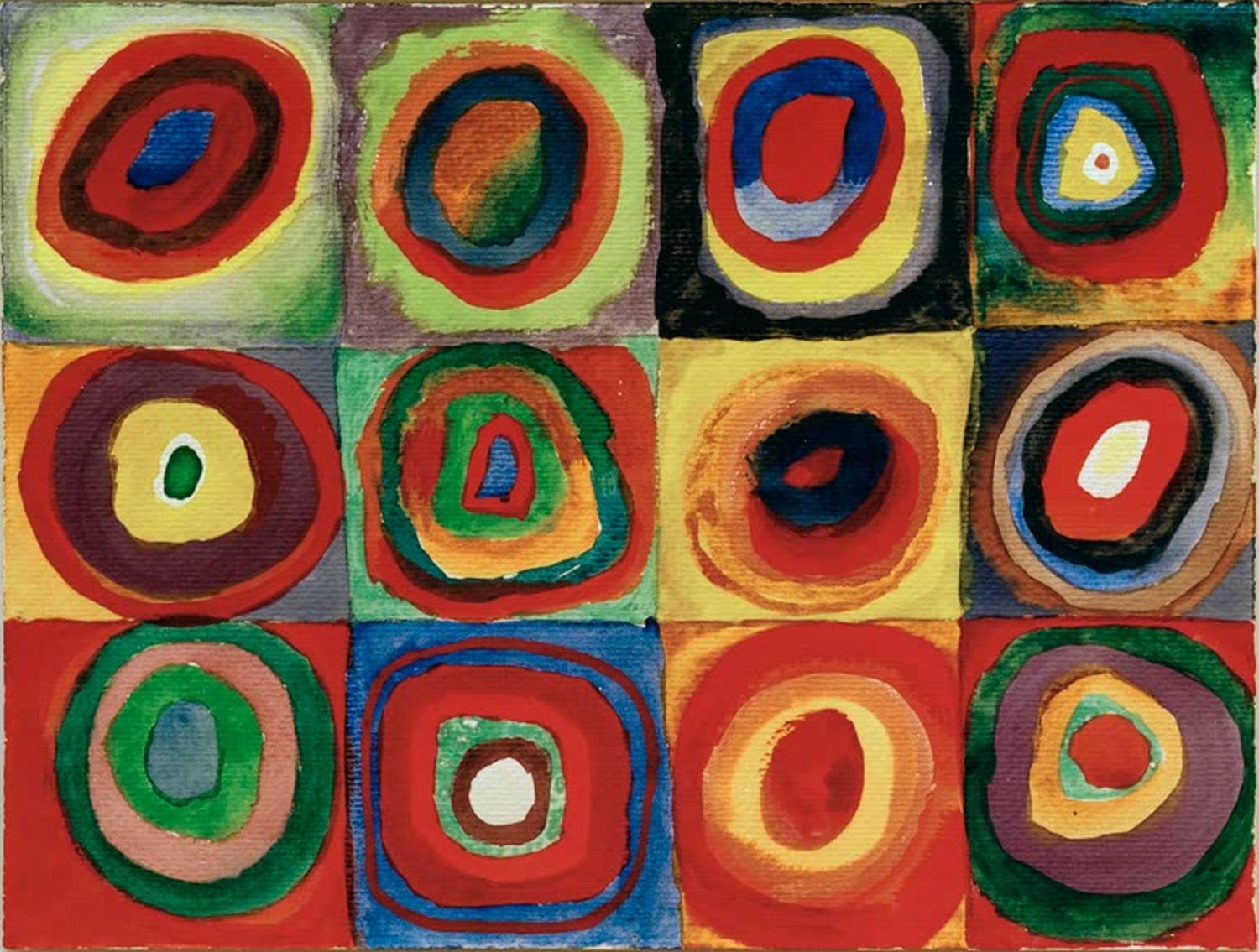 Wassily Kandinsky Gemälde „Quadrate mit konzentrischen Ringen“ – abstrakte Komposition mit farbigen Quadraten und konzentrischen Kreisformen.