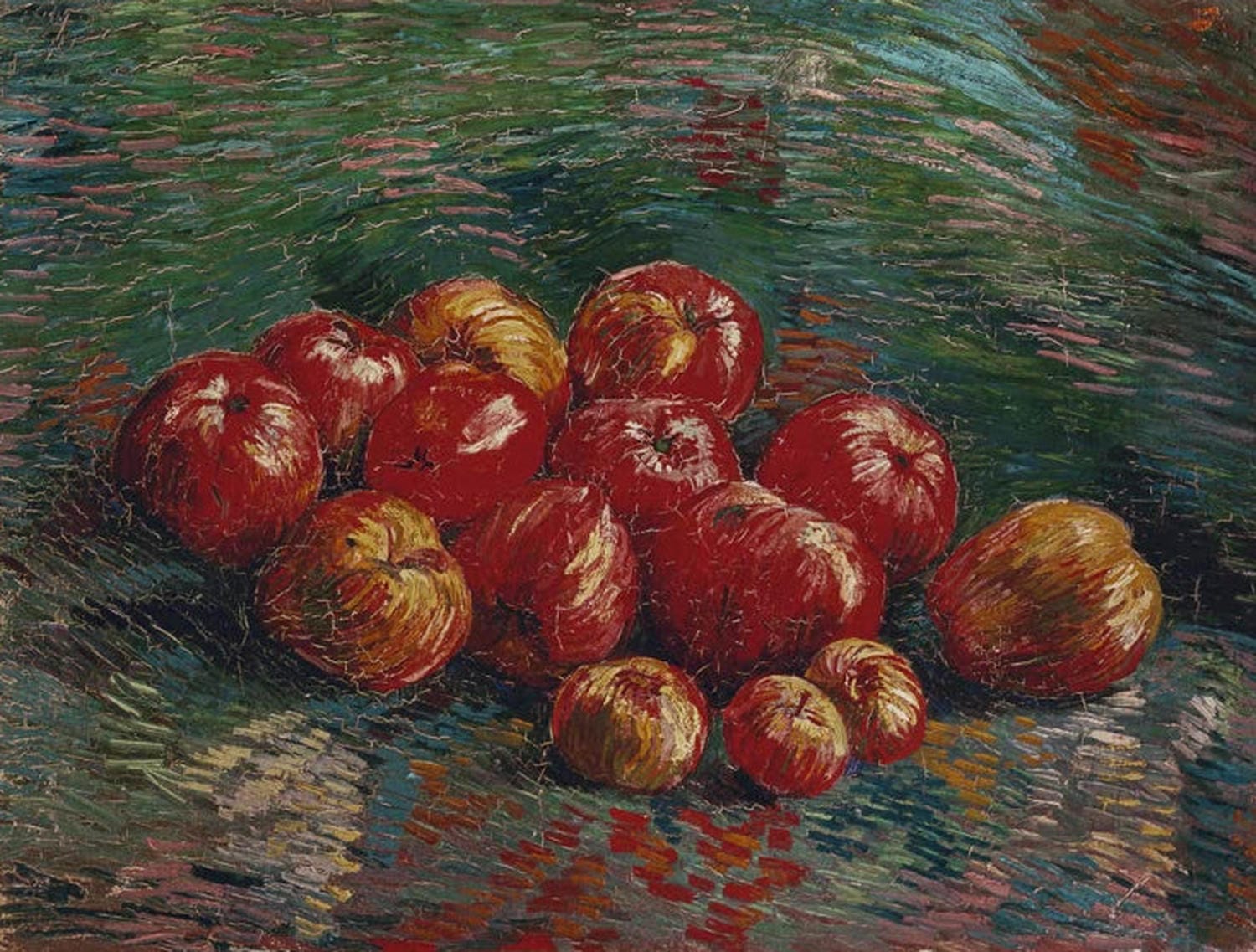 Kunstdruck „Äpfel“ von Vincent van Gogh mit leuchtend roten und gelben Äpfeln, dargestellt in kräftigen Farben und lebendigem Pinselstrich.