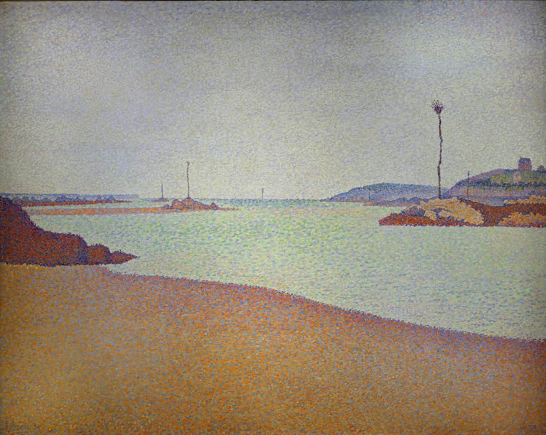 „Saint-Briac, Die Baken“ von Paul Signac – farbenfrohe Küstenlandschaft mit Seezeichen und Meer in neoimpressionistischer Malweise.