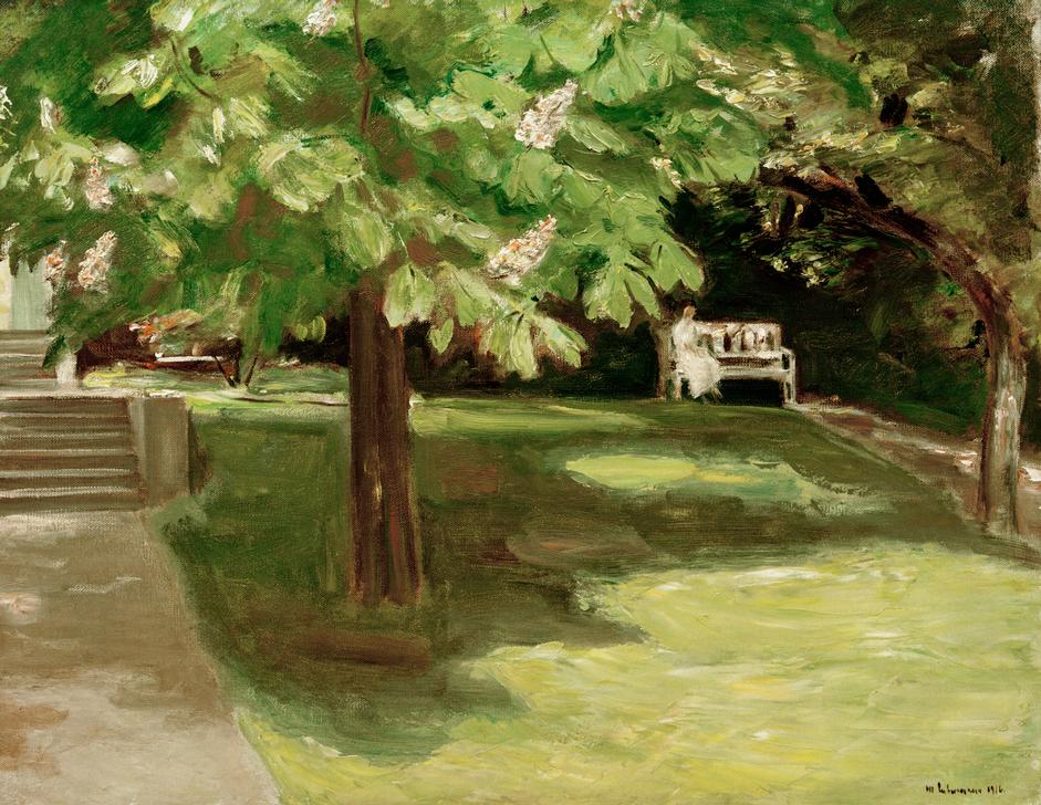 Max Liebermann, Gartenbank unter dem Kastanienbaum, impressionistisches Gemälde mit blühenden Kastanien und Gartenbank