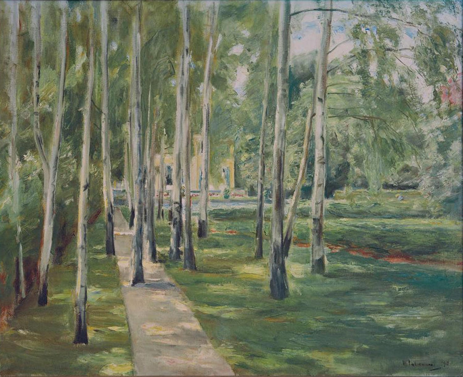 Birkenallee mit sommerlichem Licht im Wannseegarten, nach Westen blickend, gemalt von Max Liebermann.