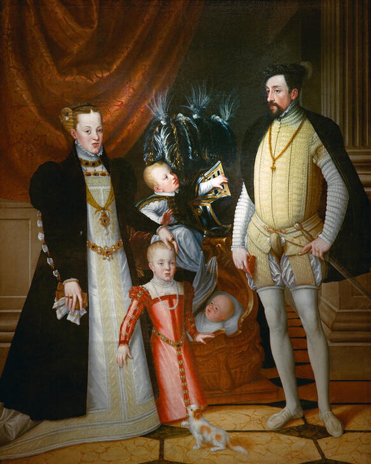 Kunstdruck von Giuseppe Arcimboldos Familienporträt, das Erzherzog Maximilian II. von Österreich mit seiner Frau Maria von Spanien und drei ihrer Kinder zeigt.​