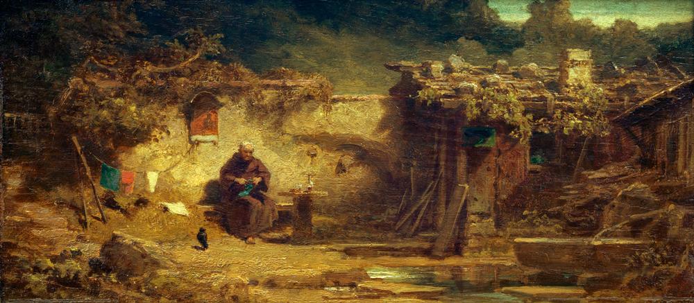 Gemälde eines alten Einsiedlers, der in einer Felsenhöhle sitzt und strickt – Werk von Carl Spitzweg, stimmungsvoll und humorvoll dargestellt.