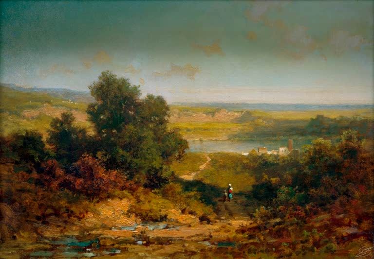 Landschaft mit Dorf und Fluss | Carl Spitzweg