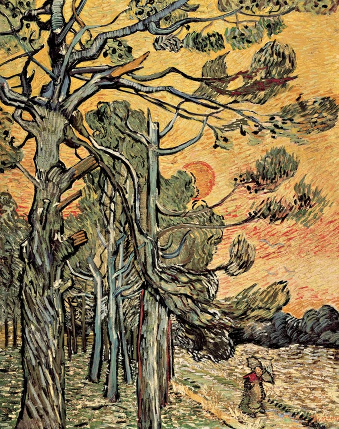 Kiefern mit untergehender Sonne und weiblicher Figur von Vincent van Gogh