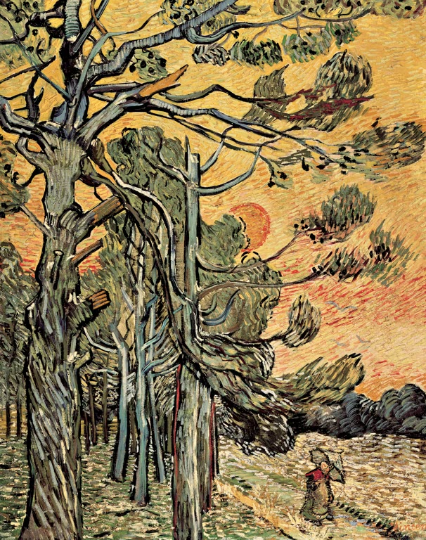 Kiefern mit untergehender Sonne und weiblicher Figur von Vincent van Gogh