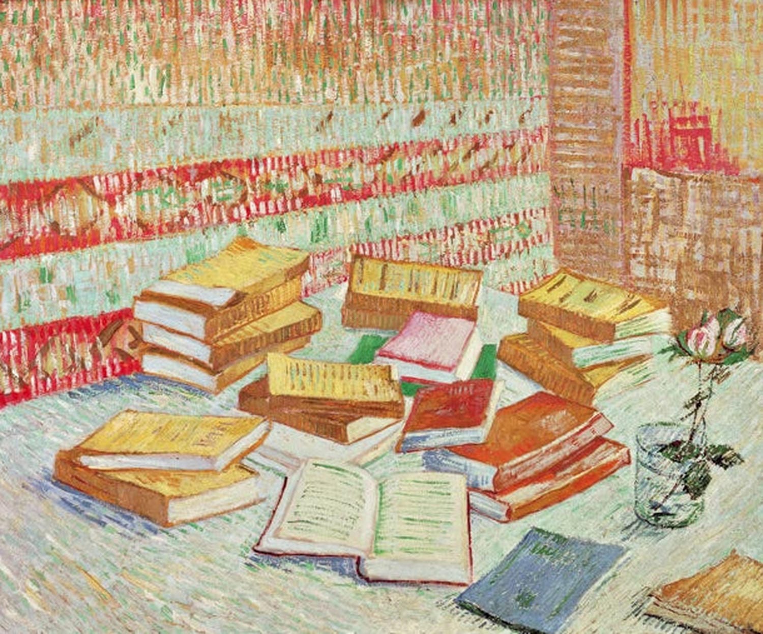Stilleben mit französischen Romanen und einer Rose von Vincent van Gogh – Bücher und Rose auf dem Tisch, als hochwertiger Kunstdruck auf Poster oder Leinwand erhältlich.