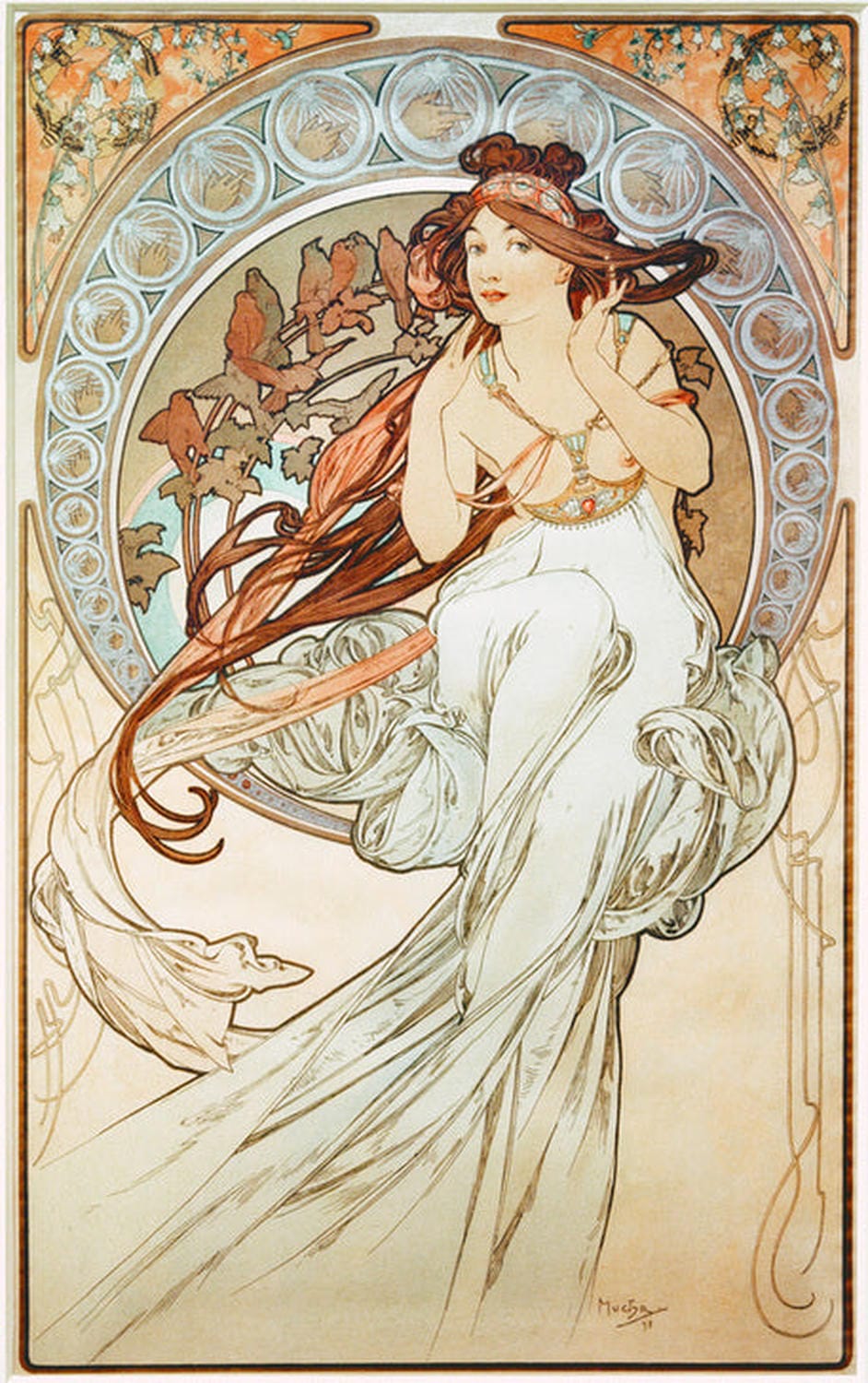 „Vier Künste: Die Musik“ von Alfons Mucha – Eine elegante Darstellung der Musik als Kunstform, mit einer Frau inmitten von musikalischen Symbolen im Jugendstil.