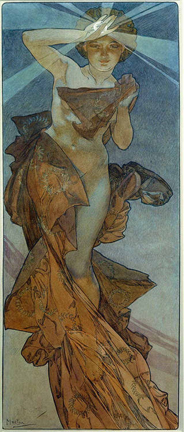 Jugendstil-Darstellung einer Frau vor sternenklarem Himmel, Der Morgenstern von Alfons Mucha.