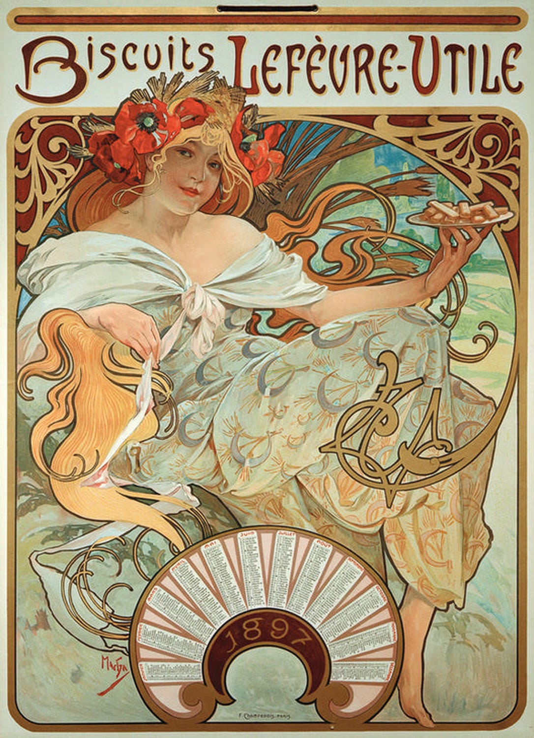 Biscuits Lefèvre-Utile von Alfons Mucha: Ein farbenfrohes Plakat im Jugendstil, das eine stilisierte Frau in einer eleganten Pose zeigt, umgeben von floralen Mustern und dekorativen Details, die das Produkt auf kunstvolle Weise bewerben.