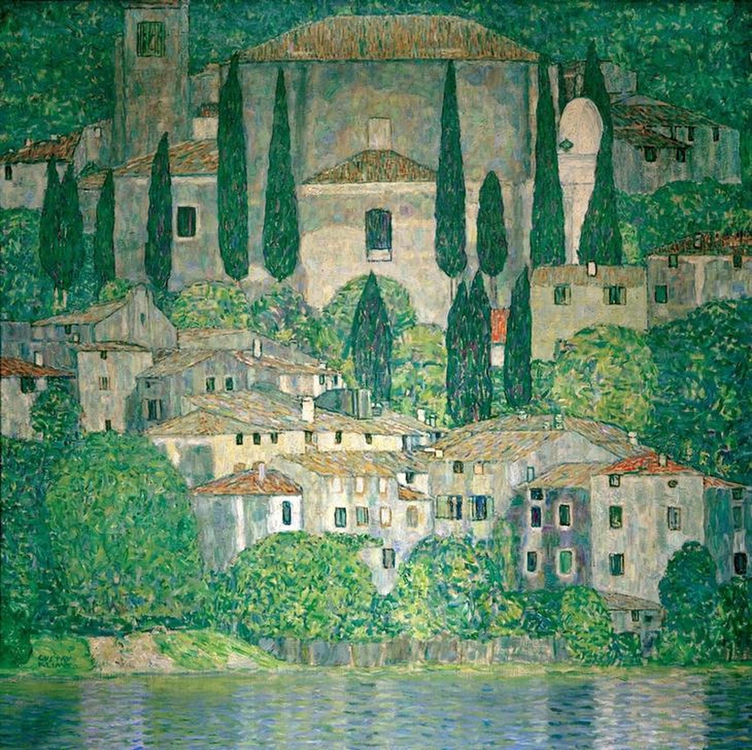 Malerei einer Kirche und italienischen Landschaft am Gardasee von Gustav Klimt.