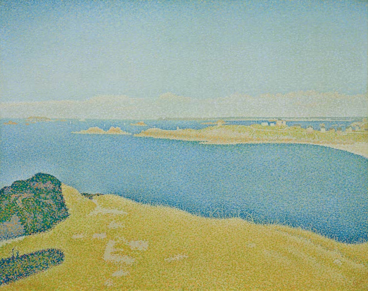 „La mer. Saint-Briac. La Garde Guerin. Saint-Lunaire“ von Paul Signac – farbenfrohe bretonische Küstenlandschaft mit Meer und Felsen.
