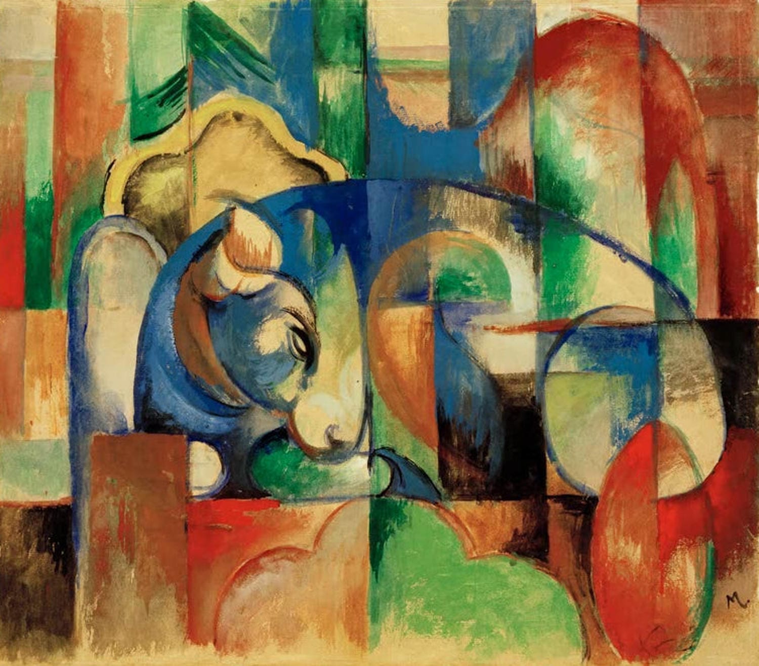 Kunstdruck „Liegender Stier“ von Franz Marc – expressionistisches Stierporträt als hochwertiger Kunstdruck, auf Leinwand oder Poster, optional gerahmt, handgefertigt in Deutschland.