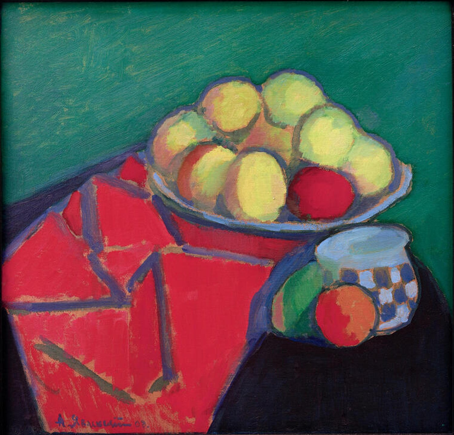 Kunstdruck von Alexej von Jawlenskys Stillleben mit Äpfeln. Eine ausdrucksstarke Darstellung von Äpfeln in kräftigen Farben und harmonischen Formen, die das Alltägliche in seiner vollen Schönheit zeigt.