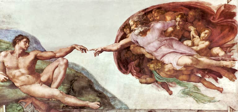 Michelangelo Gemälde „Die Erschaffung Adams“ – berühmtes Fresko mit der Szene, in der Gott Adam das Leben gibt.