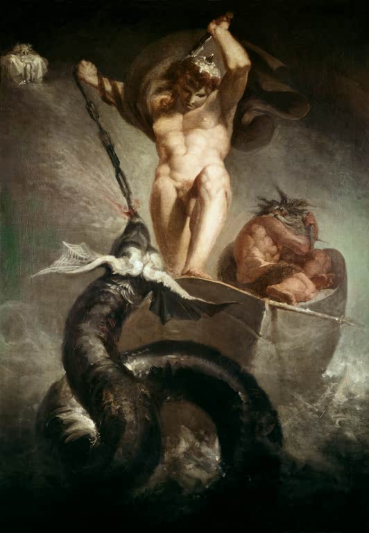 Kunstdruck des Gemäldes Thor im Kampf mit der Midgardschlange von Johann Heinrich Füssli mit dramatischer Mythologieszene und kraftvoller Komposition.