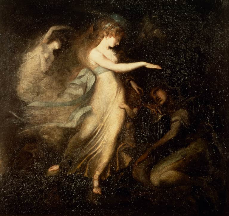Kunstdruck des Gemäldes Feenkönigin erscheint Arthur von Johann Heinrich Füssli mit märchenhafter Szene, dramatischer Lichtstimmung und fantastischer Figurenwelt.