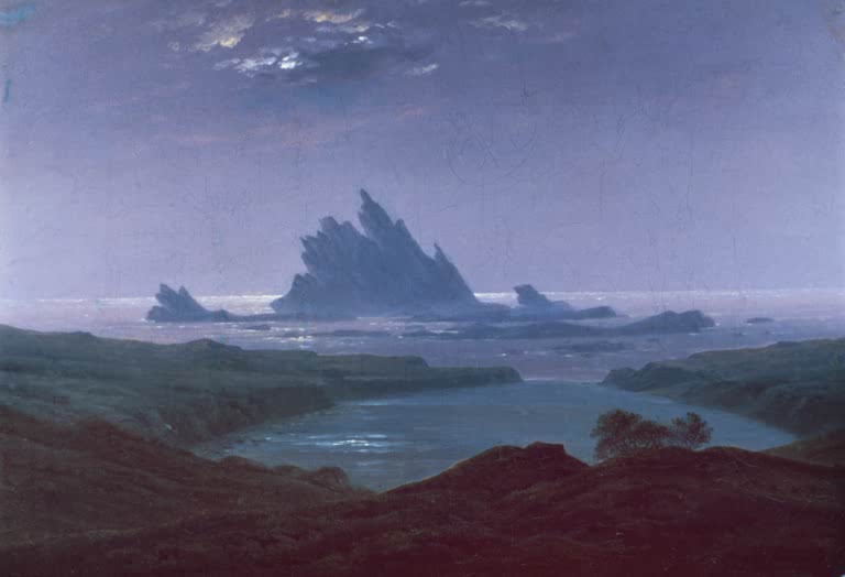 „Felsenriff am Meeresstrand“ von Caspar David Friedrich – romantische Küstenlandschaft mit Felsen, Meer und weitem Horizont.