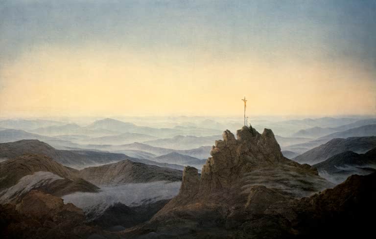„Morgen im Riesengebirge“ von Caspar David Friedrich – romantische Gebirgslandschaft im frühen Morgenlicht mit Felsen und Nebel.