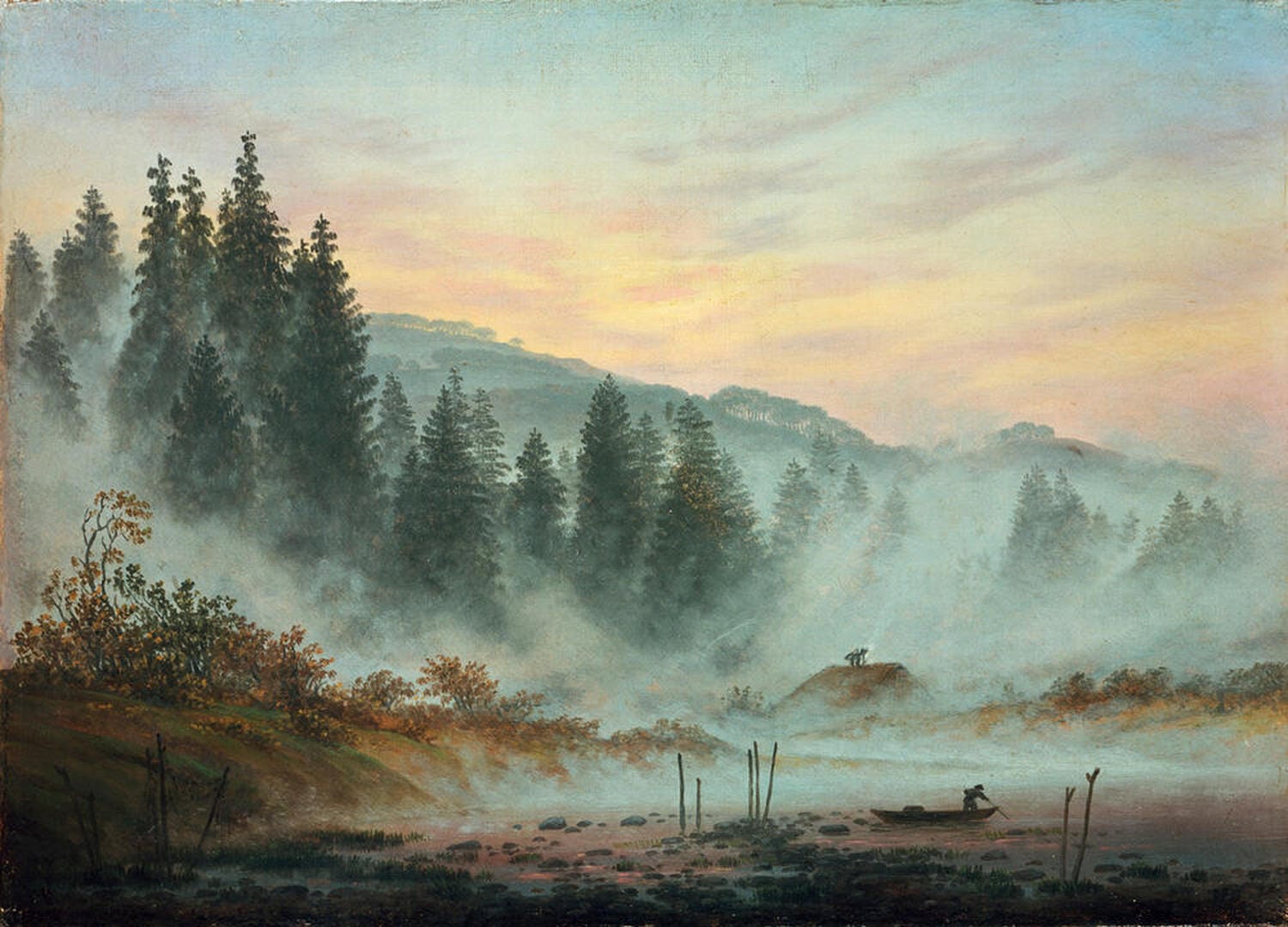 Kunstdruck „Der Morgen“ von Caspar David Friedrich – nebelige Landschaft mit Fluss, Bäumen und magischer Stimmung bei Tagesanbruch.
