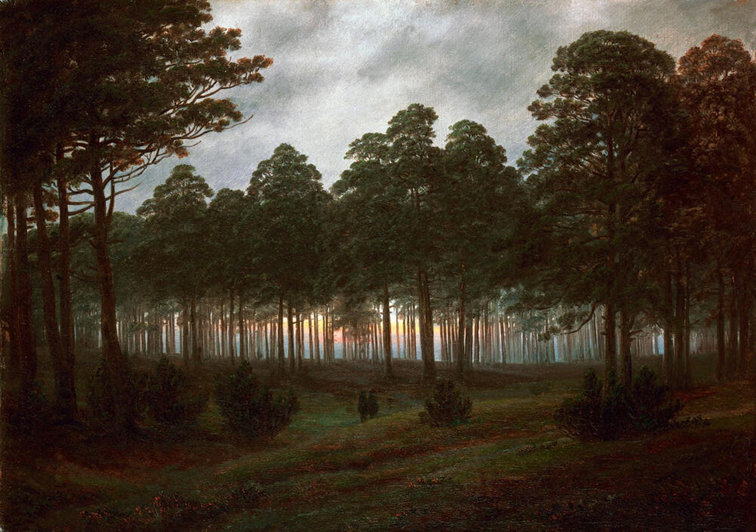 Landschaft bei Sonnenuntergang mit Bäumen und ruhigem Himmel, Gemälde von Caspar David Friedrich.
