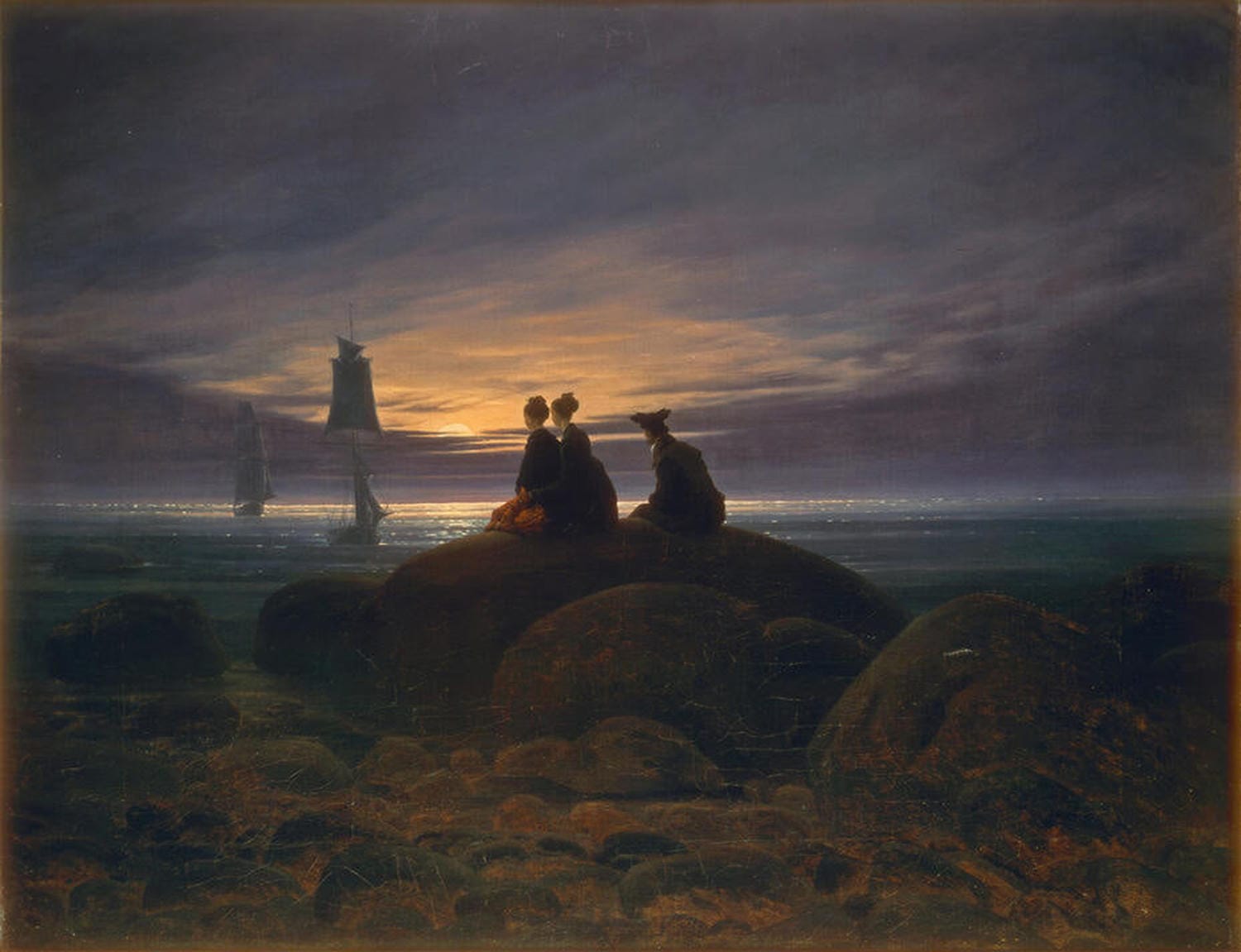 Zwei Menschen betrachten den Mondaufgang am Meer in einem romantischen Gemälde von Caspar David Friedrich.