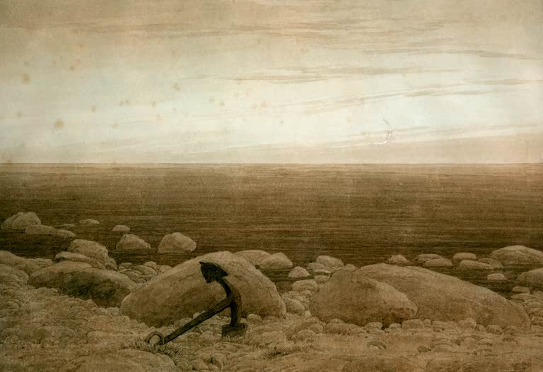 „Steiniger Strand mit Anker und Mondsichel“ von Caspar David Friedrich – romantische Küstenlandschaft mit Anker, steinigem Strand und Mondsichel.