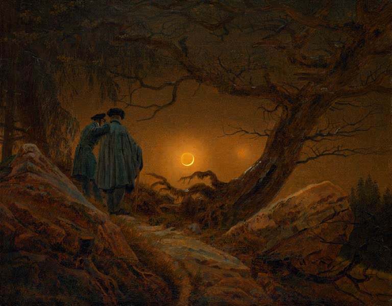 „Zwei Männer in Betrachtung des Mondes“ von Caspar David Friedrich – zwei Männer betrachten den Mond in einer romantischen Landschaft.