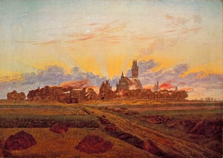 „Sonnenaufgang bei Neubrandenburg“ von Caspar David Friedrich – romantische Landschaft bei Sonnenaufgang mit Neubrandenburg im Hintergrund.