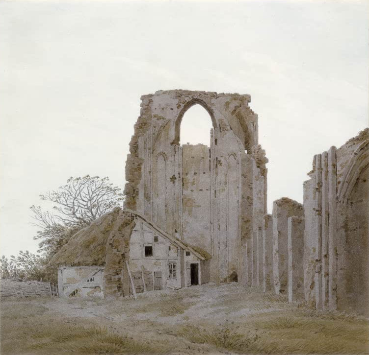 „Die Abtei Eldena bei Greifswald“ von Caspar David Friedrich – romantische Landschaft mit den Ruinen der Abtei Eldena und Bäumen.