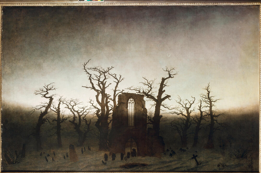 Romantisches Gemälde 'Abtei im Eichwald' von Caspar David Friedrich, das eine gotische Ruine in einem bewaldeten, mystischen Umfeld zeigt.