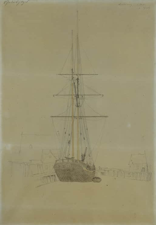 „Studie eines Zweimasters“ von Caspar David Friedrich – detaillierte Darstellung eines historischen Segelschiffs mit zwei Masten.