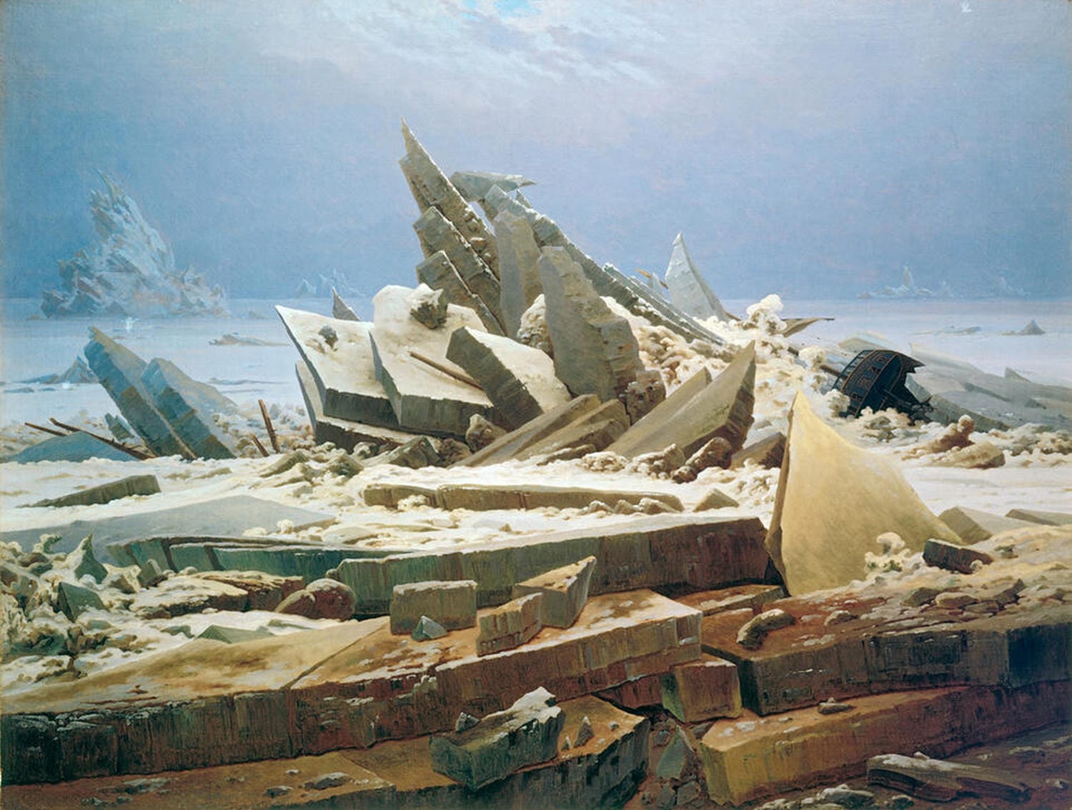 Romantisches Gemälde 'Das Eismeer' von Caspar David Friedrich, das dramatische Eisschollen auf einem stürmischen Meer zeigt und die Erhabenheit der Natur darstellt.
